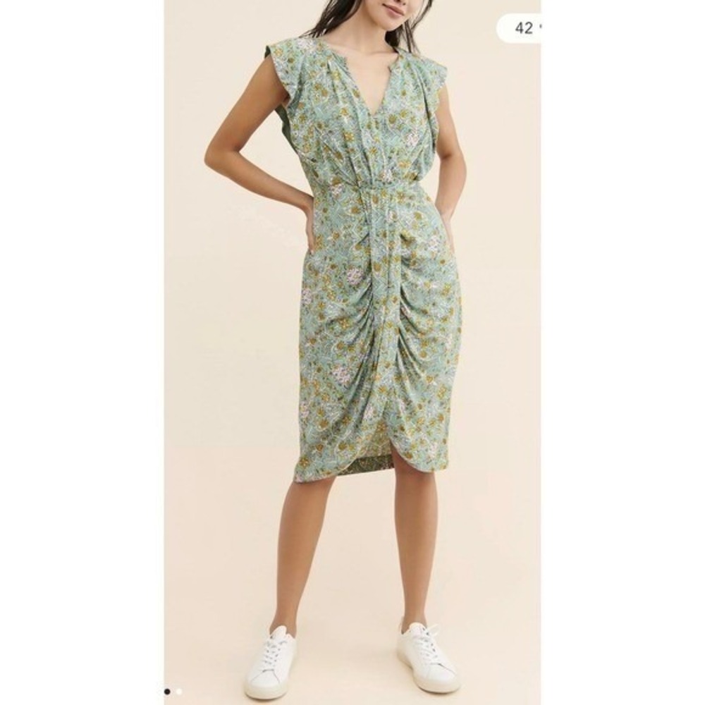 Anthropologie Women's Maeve Blossom Ruffled Mini Dress Sage Floral Draped Sz 12 - Picture 4 of 12